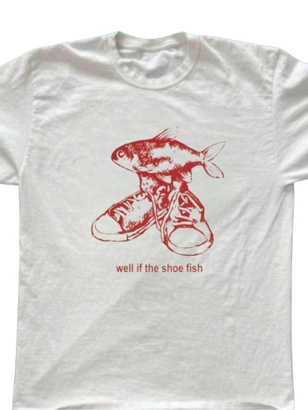 White Short-Sleeve Tee with Red Fish & Shoes Graphic